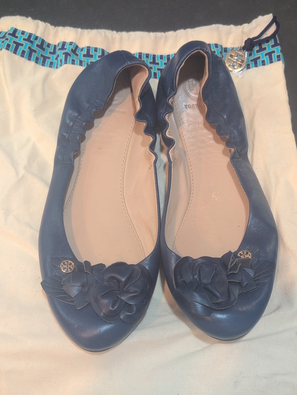Tory Burch Navy Leather Rosette Ballet Flats with Logo Charm